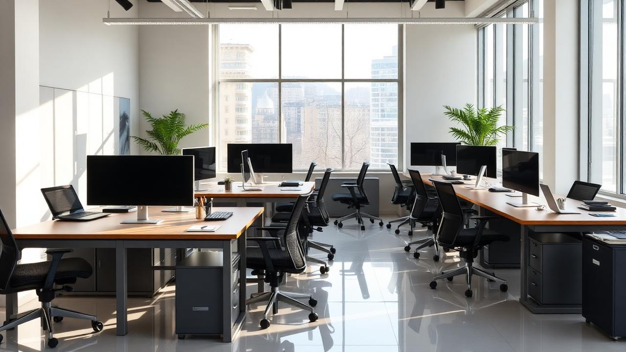 Ufficio pulito e moderno con professionisti delle pulizie al lavoro