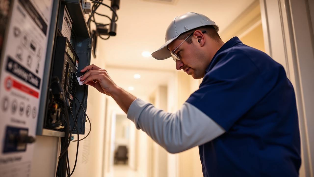 Edificio moderno con operai che effettuano manutenzione ordinaria sui balconi