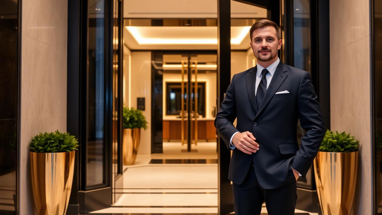 Operatore di portierato non residenziale alla reception di un elegante condominio a Milano