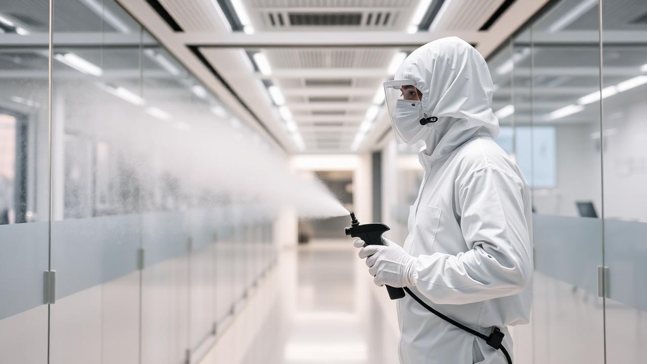 Impresa di pulizie che esegue sanificazione di un ufficio con nebulizzatore, con focus sulla sicurezza post-Covid.