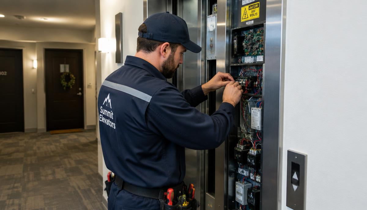 Tecnico specializzato che esegue la manutenzione di un ascensore condominiale a Milano