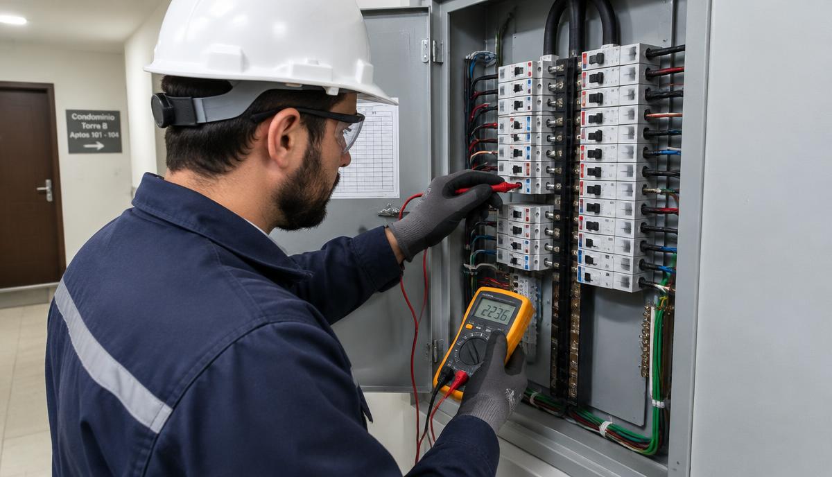 Elettricista professionista che esegue la manutenzione di un quadro elettrico in un condominio a Milano
