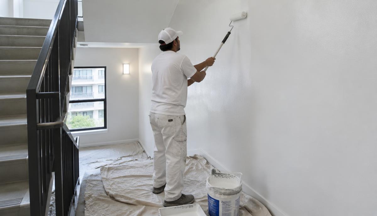 Imbianchini professionisti Gravel Service che imbiancano l'androne di un condominio a Milano