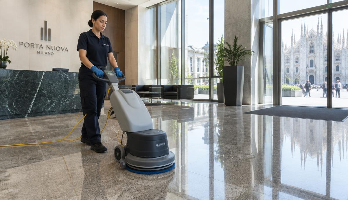 Impresa di pulizie professionale che pulisce un pavimento lucido
