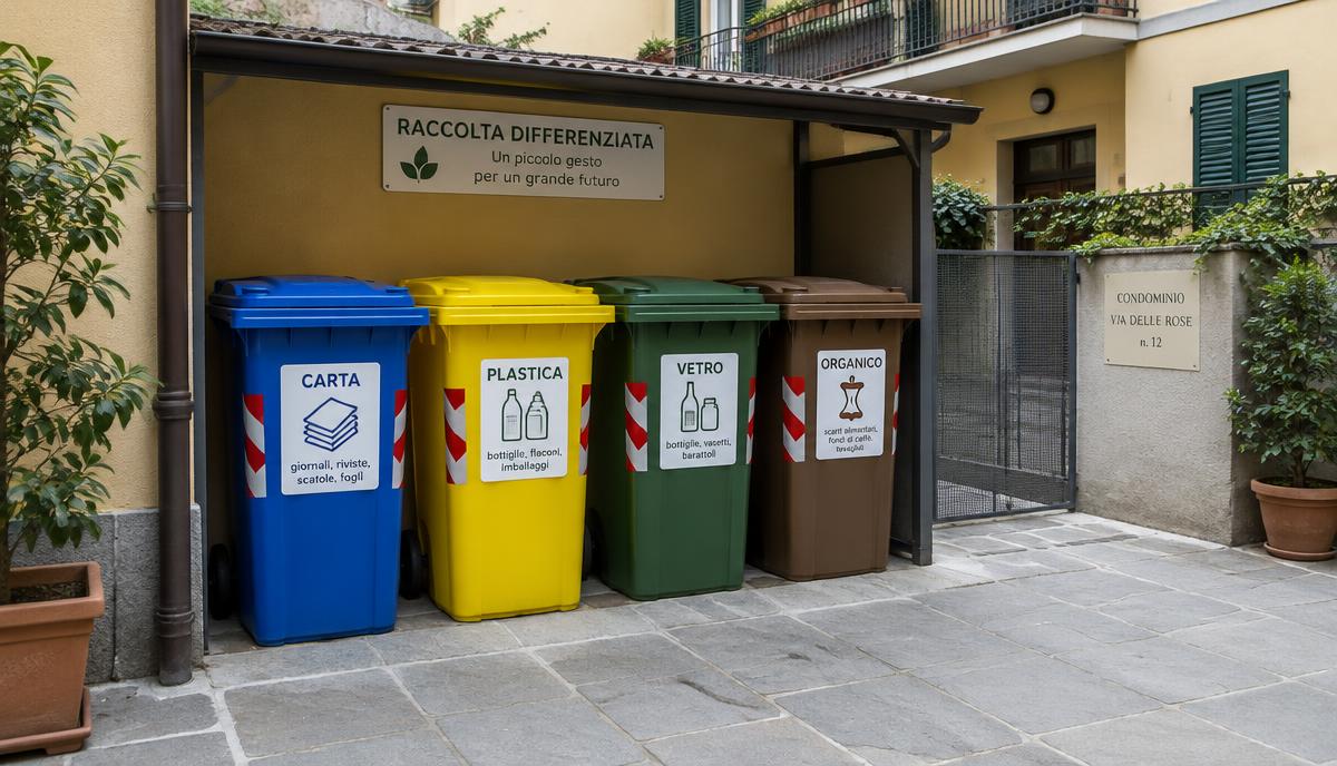 Contenitori per la raccolta differenziata in un moderno condominio a Milano, ben organizzati e puliti.