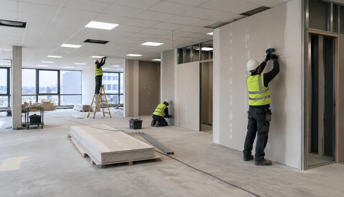 Interno di un ufficio moderno e appena ristrutturato a Milano, con scrivanie pulite e piante verdi.